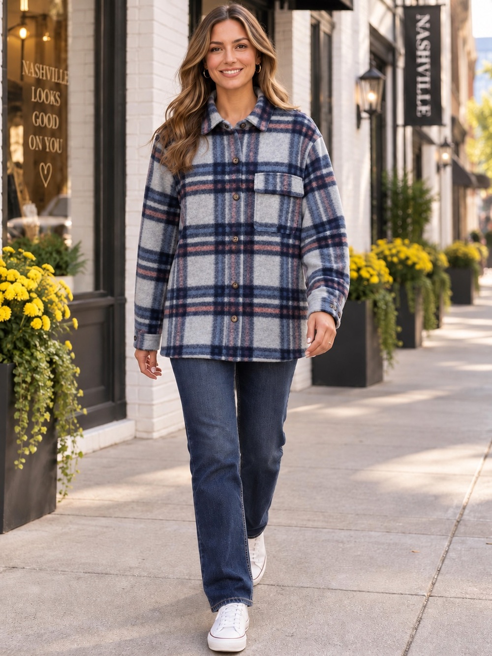 NEW blue b Gray Blue Pink Plaid Button Up Fleece Removable Hoodie Shirt Jacket